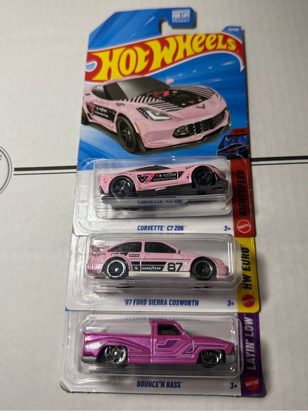 Hot Wheels 2026 3PK Pink Lot Corvette C7 Z06 Ford Sierra Cosworth Bounce’N Bass